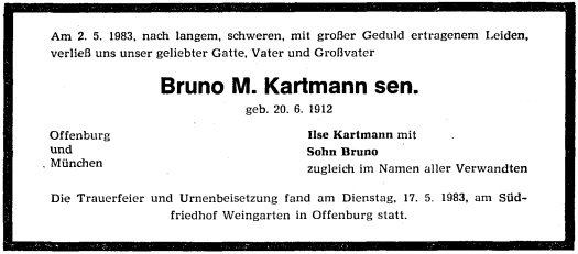 Kartmann Bruno 1912-1983 Todesanzeige